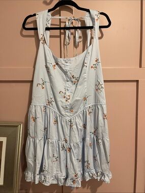 XL Light Blue Tiered Romper with Orange Floral Accents